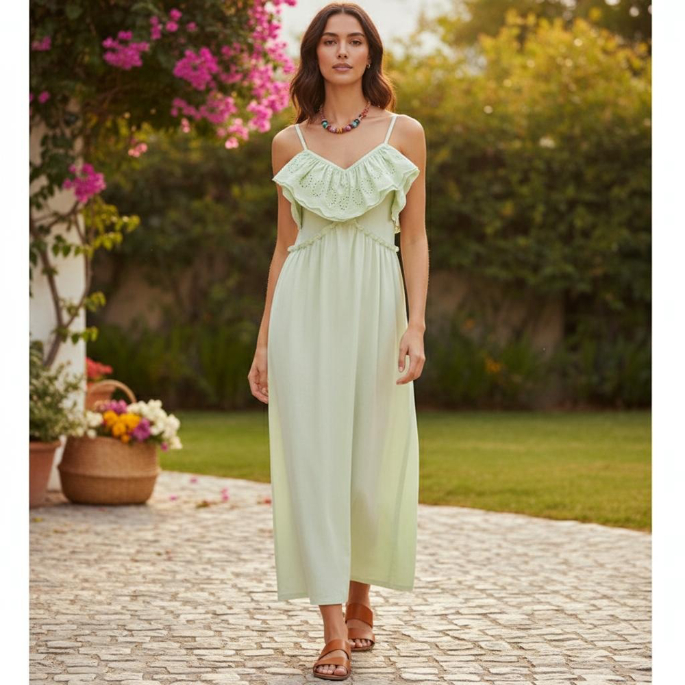 Zara Light Green Ruffle Maxi Dress